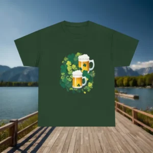 Green St. Patrick's Day t-shirt with beer mugs and shamrocks displayed on a wooden dock with a lake in the background