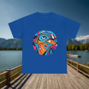 Flat lay of a royal blue t-shirt with a colorful circular abstract hip hop design