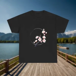 Flat lay of black t-shirt with a sakura branch and Japanese ink circle design