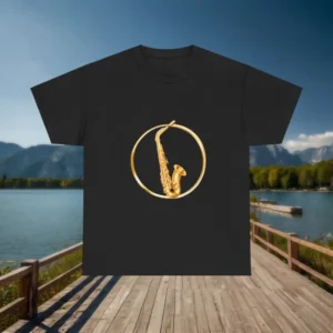 Flat lay of a black t-shirt with a golden saxophone inside a gold ring