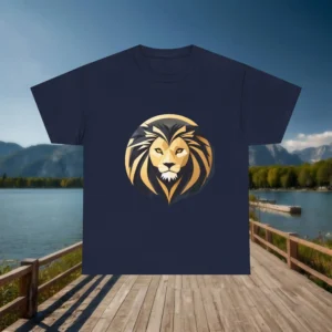 Navy t-shirt with a geometric lion head design in gold and black tones.