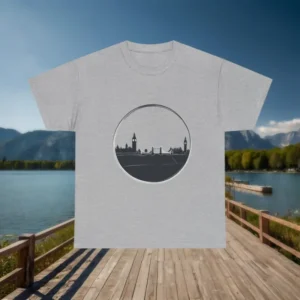 Flat lay of grey t-shirt with a black circle silhouette of London skyline