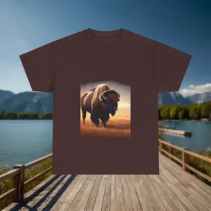 Brown t-shirt with realistic bison artwork in sunset field