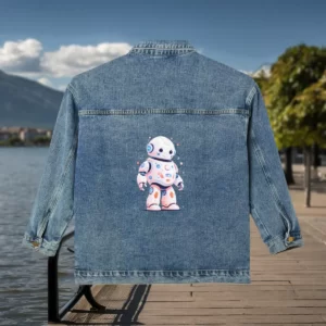 Women's denim jacket with an embroidered colorful robot design inspired by artificial intelligence, displayed outdoors near a lake and mountains.