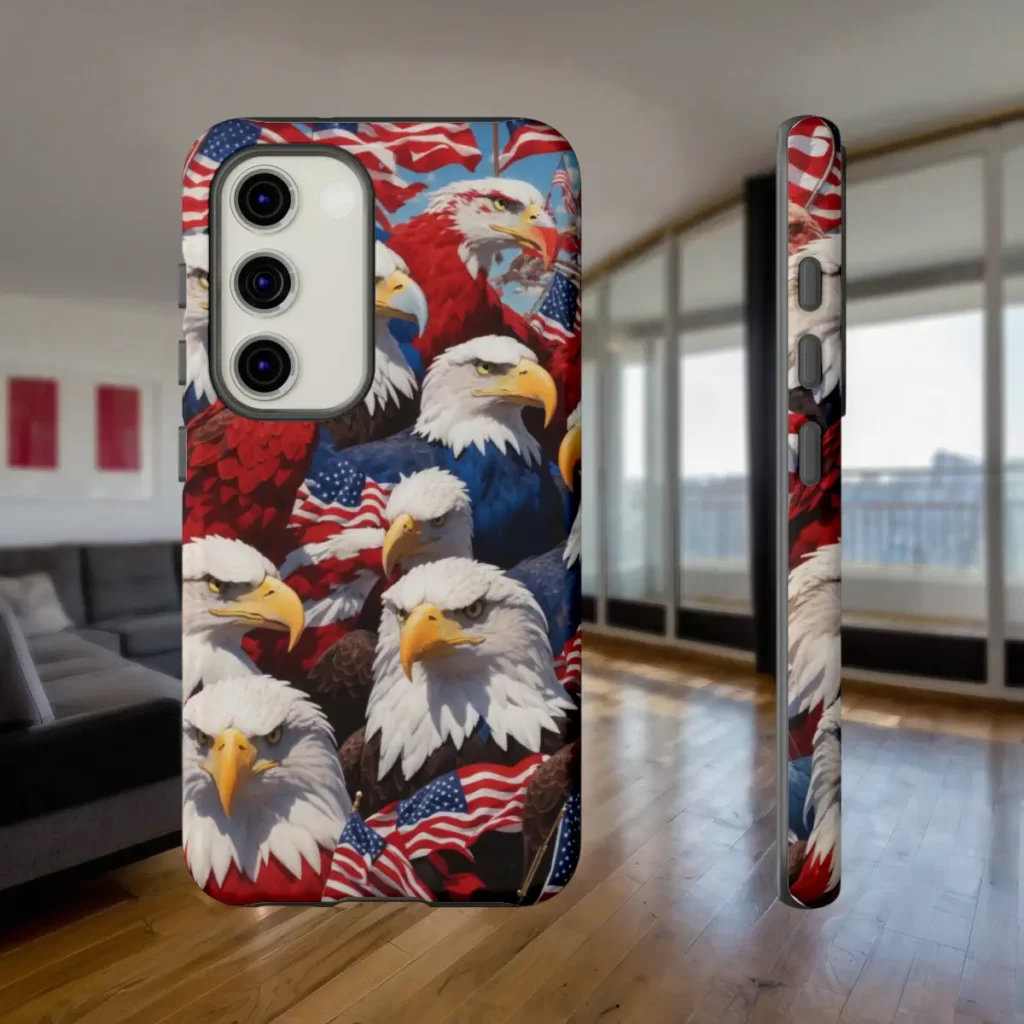 Tough phone case with a vibrant design featuring bald eagles and American flags, displayed in a modern living room.