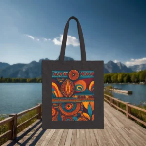 Black tote bag laid flat outdoors featuring an abstract tribal-inspired design in orange, teal, and maroon, with African visual motifs.