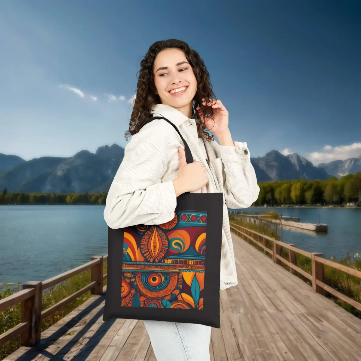 Smiling woman holding a black tote bag with colorful African-inspired tribal art in orange, teal, and red, standing by a lakeside boardwalk.