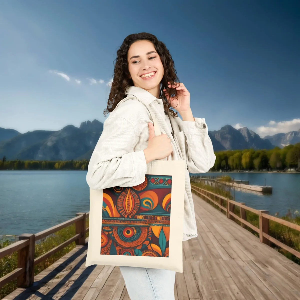 Smiling woman carrying a natural-colored tote bag with a vibrant orange, teal, and maroon African-inspired abstract pattern, standing on a lakeside boardwalk.