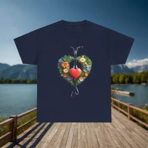 Navy blue t-shirt with floral heart and red stethoscope graphic displayed on a wooden dock