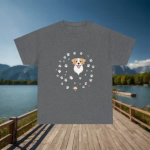 Dark grey t-shirt with smiling cartoon dog and paw prints