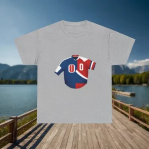 Flat lay of a grey t-shirt with a graphic of a red, white, and blue football shirt with number 10