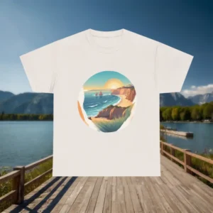 White t-shirt with a Santa Cruz California coastal landscape design displayed on a wooden dock with lake and mountain background