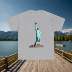 Grey t-shirt with Statue of Liberty graphic placed on a wooden boardwalk near a lake