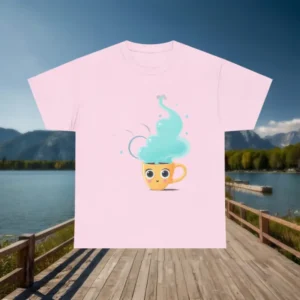 Flat lay of pink t-shirt with cartoon cup and teal steam