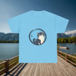 Flat blue t-shirt with a cartoon cat in a round porthole on a wooden dock background