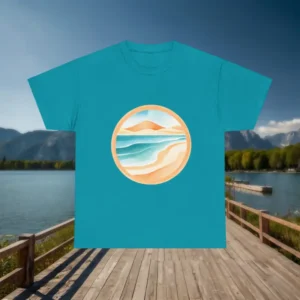 Turquoise t-shirt with a circular beach design featuring sand, ocean waves, and dunes displayed on a dock with mountain backdrop