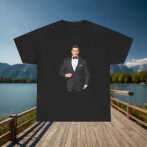 Flat view of black t-shirt featuring a realistic tuxedo suit print.