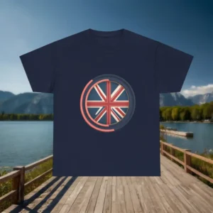 Flat lay of navy t-shirt with a round stylized Union Jack design