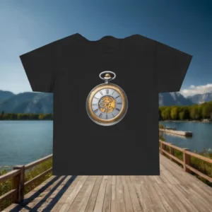 Flat lay of a black t-shirt featuring a realistic vintage pocket watch with roman numerals and golden mechanism