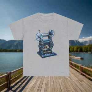Grey t-shirt laid flat with a vintage blue printing machine centered on the front