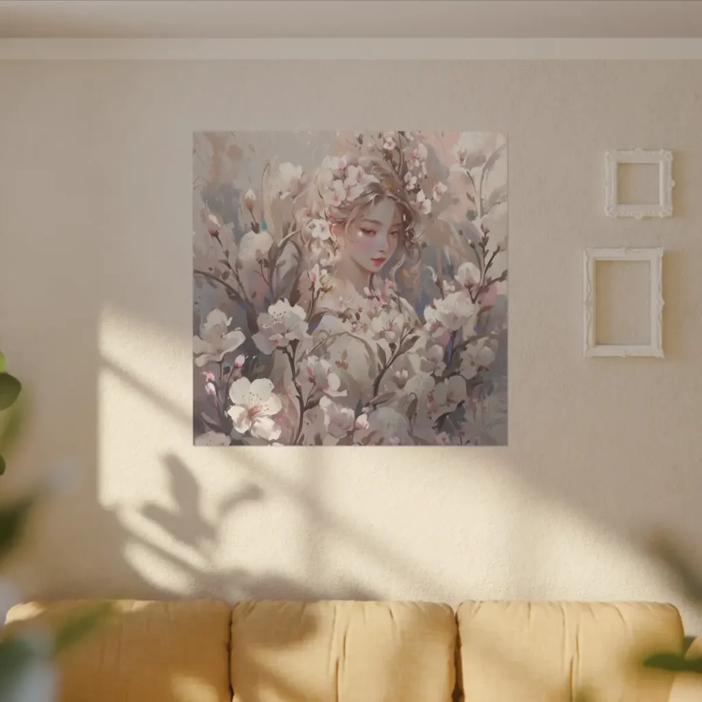 Giclée print canvas featuring an artistic portrait of a woman surrounded by blooming cherry blossoms, displayed on a wall in a softly lit living room.