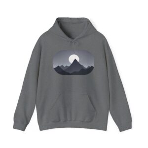 Gray unisex hoodie featuring a mountain design