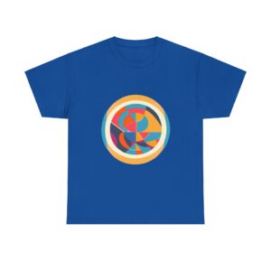 Blue polyester T-shirt with a colorful geometric circle design printed on the front