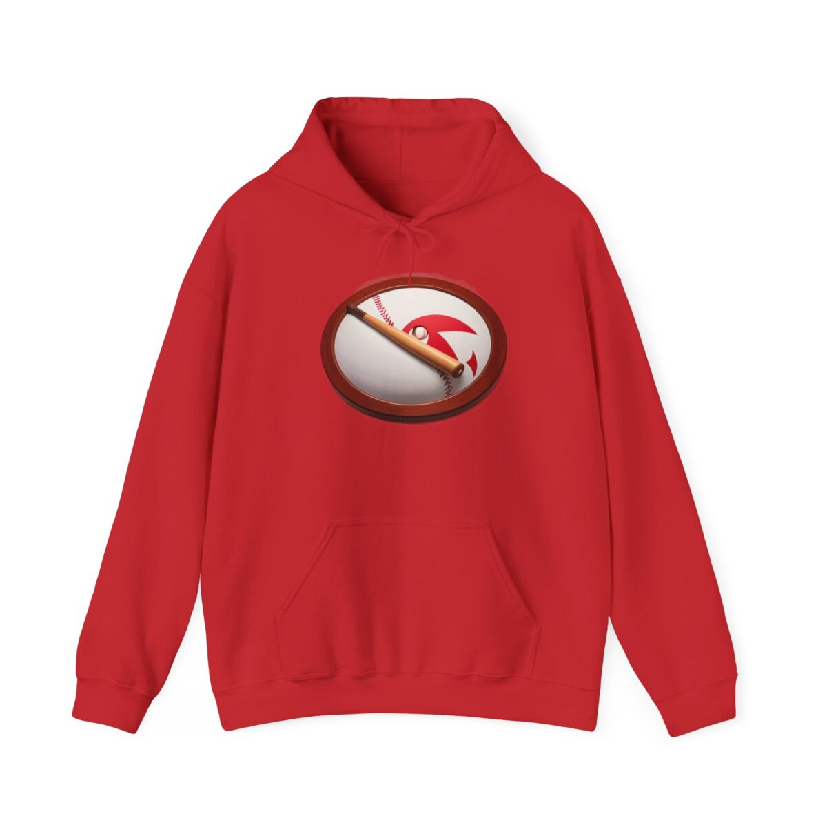 Baseball hoodie with a red design featuring a printed baseball and bat graphic.