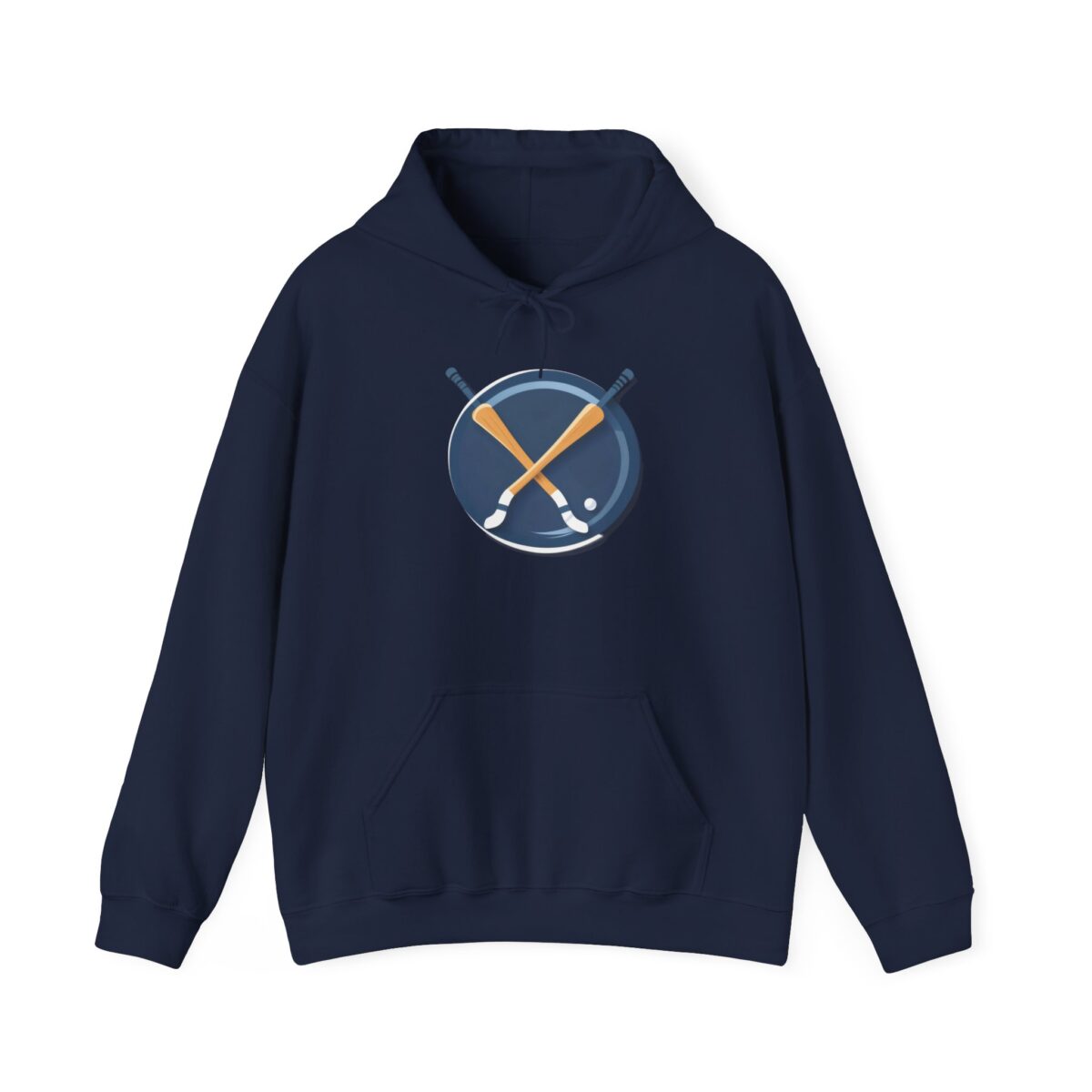 Hockey hoodie featuring crossed hockey sticks and puck design