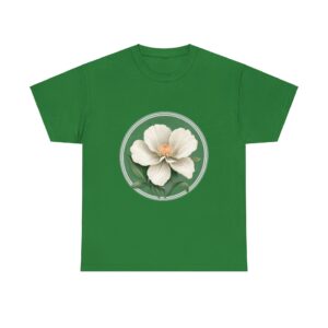 Unisex heavy cotton T-shirt with a white flower design