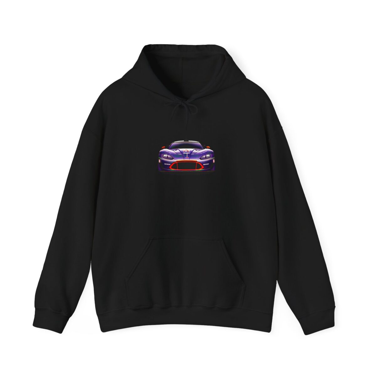 Racing hoodie with a bold car graphic at the center