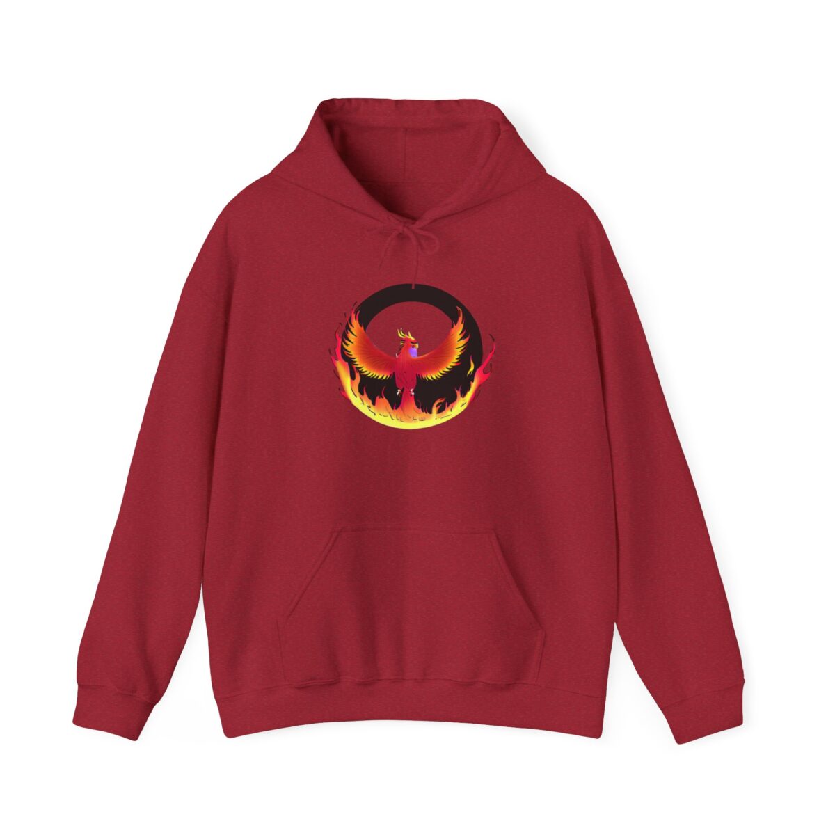 Red graphic hoodie featuring a bold design with a fiery phoenix motif.