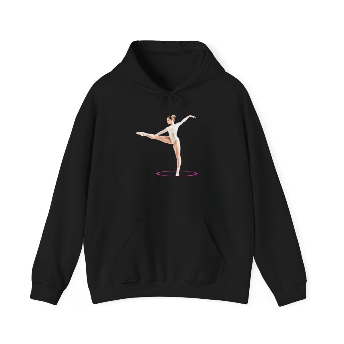 Gym hoodie featuring a printed ballet dancer design on a black fabric.