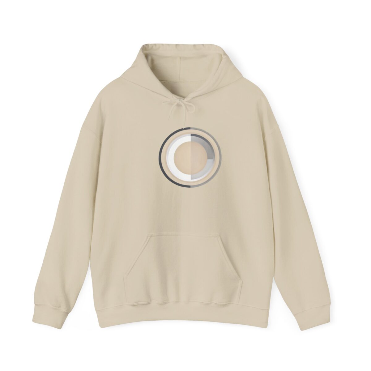 Unisex heavy blend banded hoodie with a circular printed design on the chest, showcasing a beige color with a double-lined hood and kangaroo pocket.