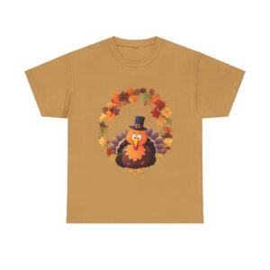 Tanksgiving T-shirt with turkey in top hat and autumn leaves