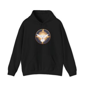 Black hoodie with an inspiring design of a dove in a golden circle, symbolizing motivation and strength, titled Godspeed hoodie.