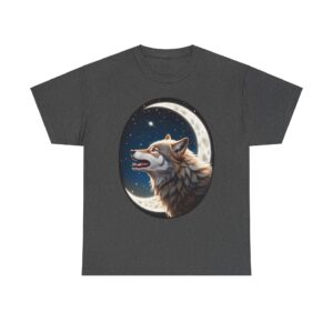 Wolf t-shirt featuring a howling wolf with a crescent moon and starry night design