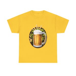 A yellow t-shirt featuring a printed beer mug design with hops and wheat.