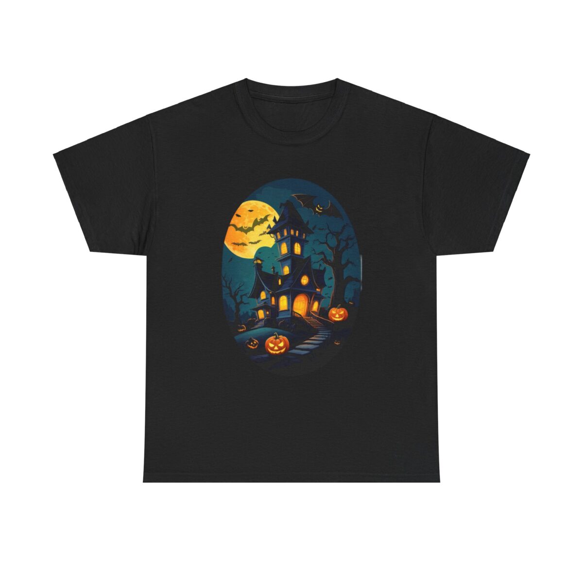 90s Halloween T-Shirt featuring a haunted house with pumpkins and a full moon