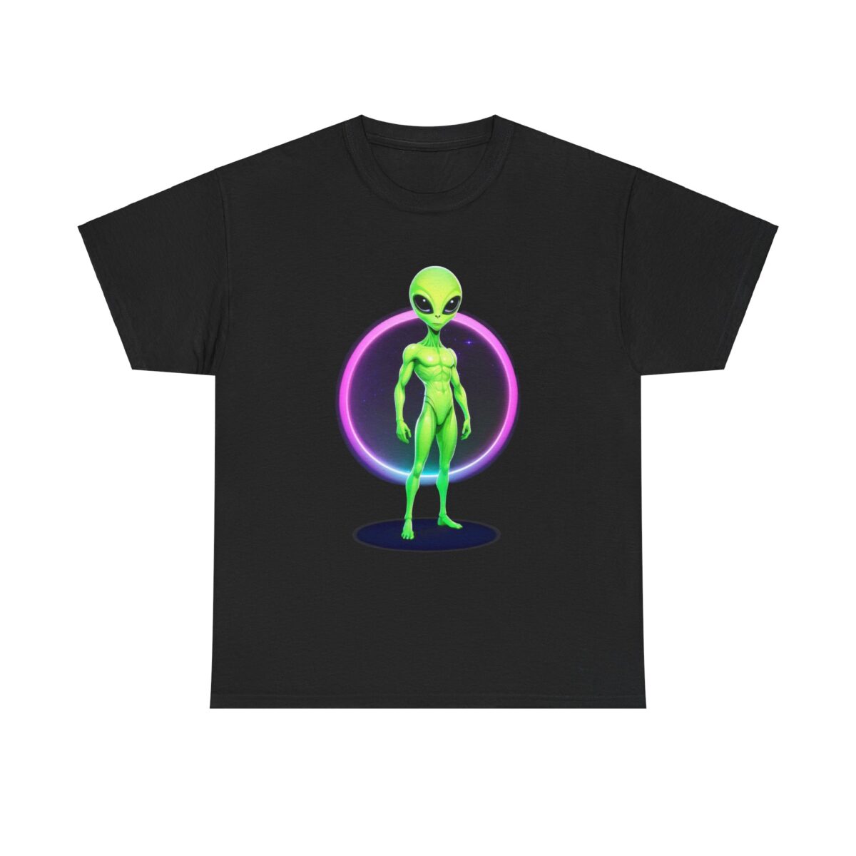 Alien t-shirt featuring a neon green extraterrestrial surrounded by a purple ring