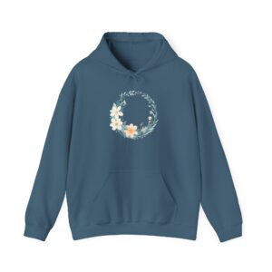 Unisex hoodie with flowers featuring a circular floral design printed on the front.