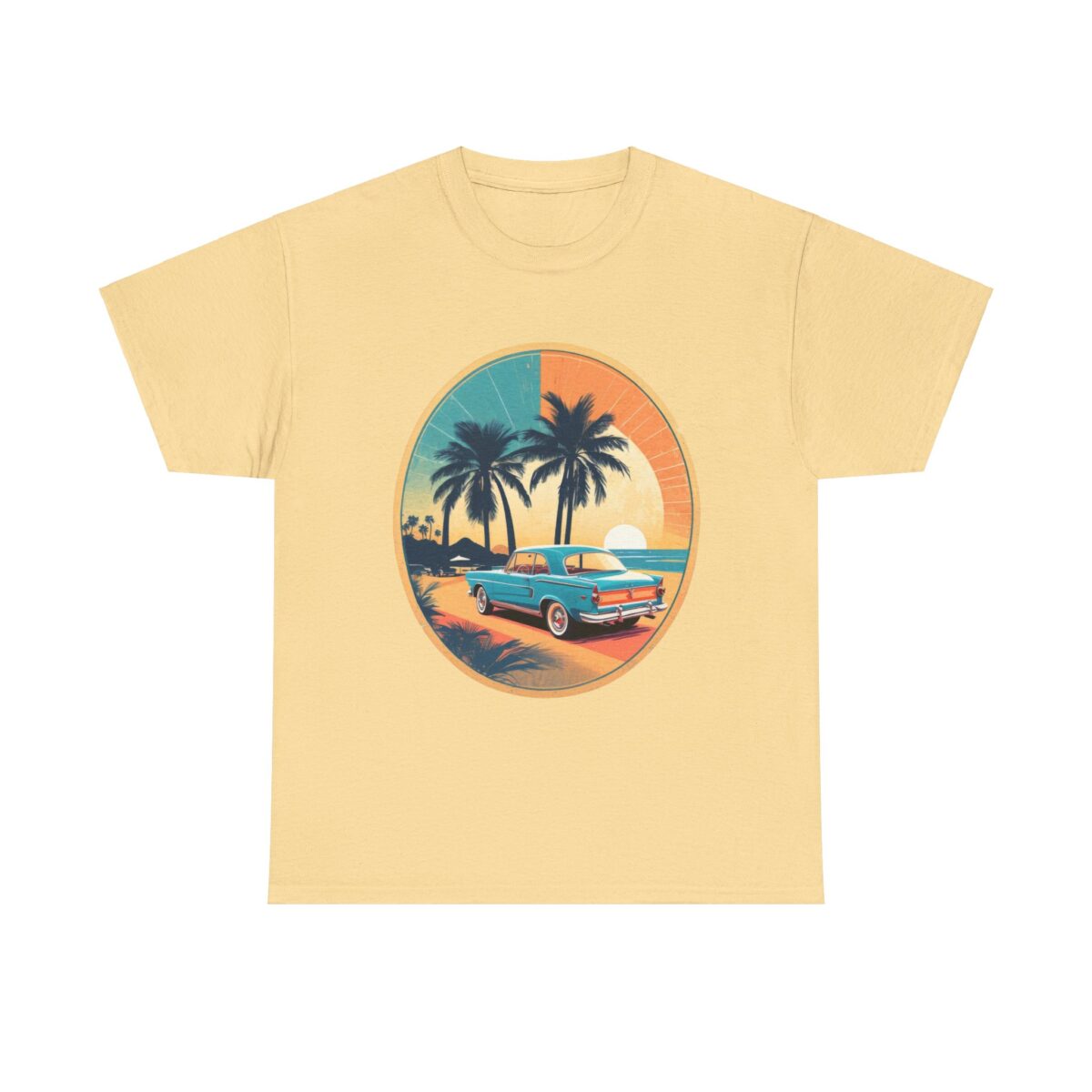 Vintage t-shirt for men with a retro car and palm tree graphic