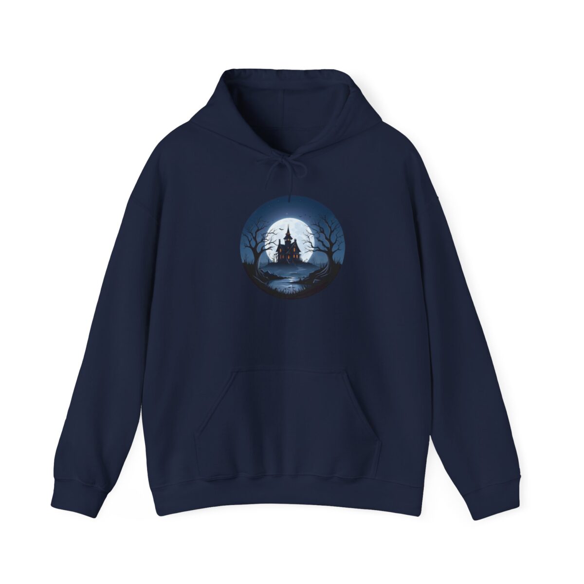 Horror movie hoodie featuring a haunted house under a full moon