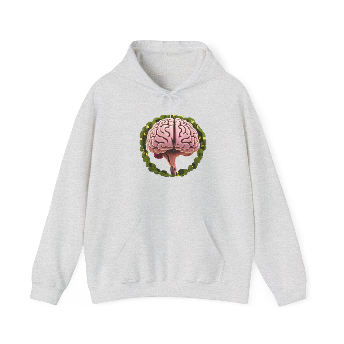 Mental health hoodie featuring a brain design surrounded by a green wreath.