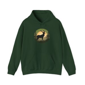 Hunting hoodie with printed deer and forest design, perfect for outdoor adventures