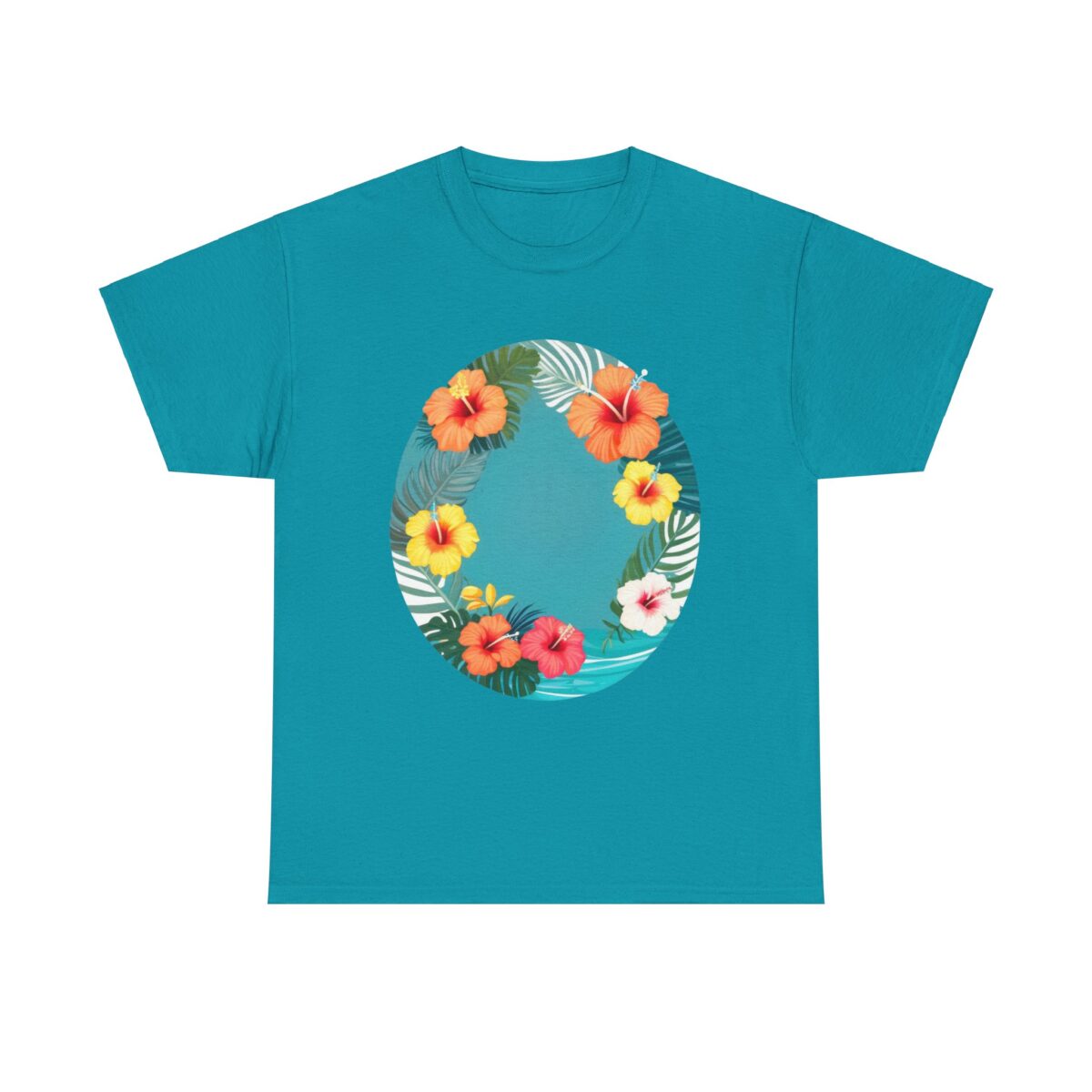 Vibrant Hawaiian T-shirt with tropical floral design in bright colors