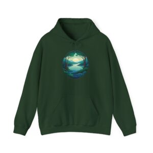 Blue green and blue hoodies with a nature-inspired printed design.