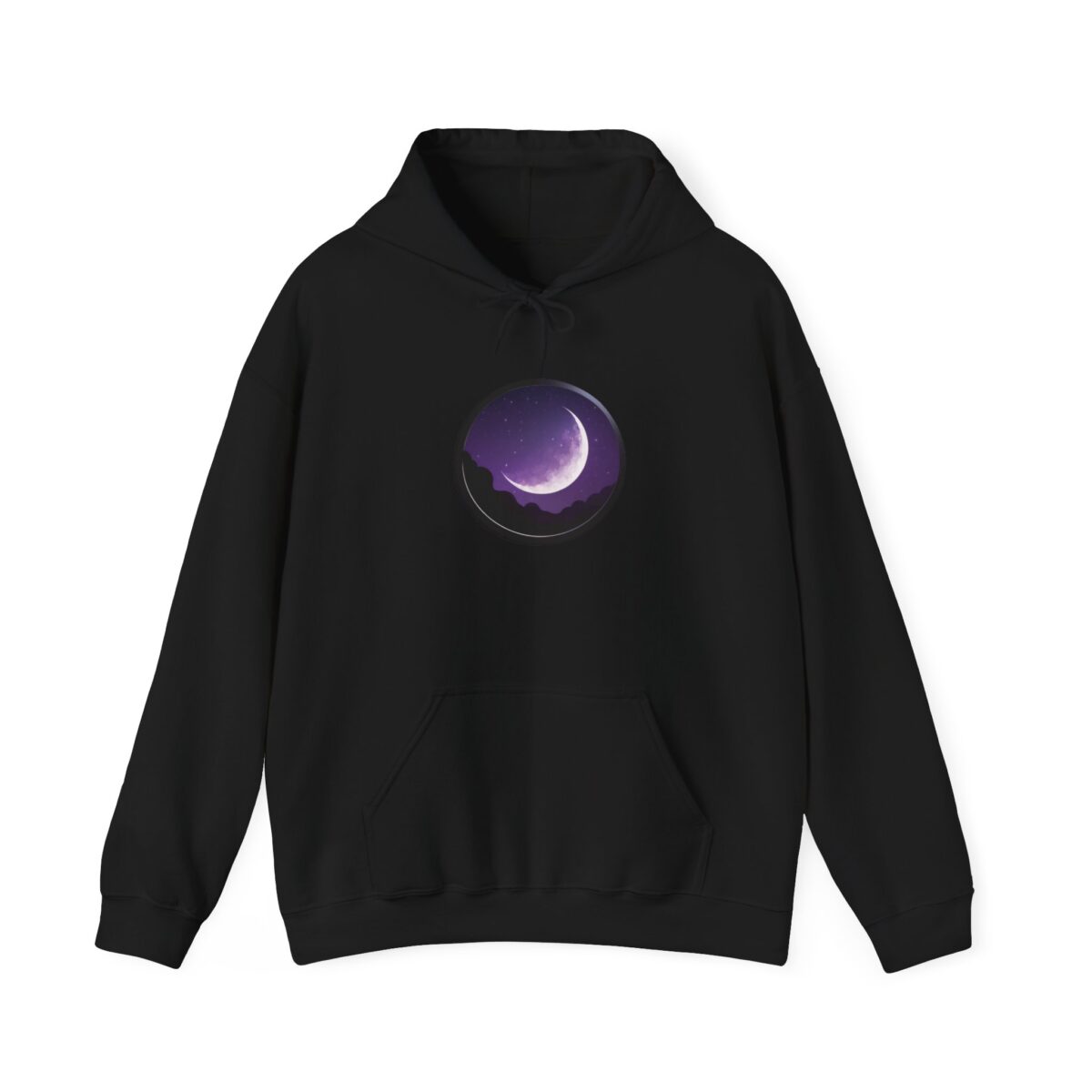 Black and purple hoodie with crescent moon design featuring soft cotton-polyester fabric.