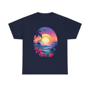 Cruise t-shirt with a sunset and ocean design, featuring palm trees and flowers.