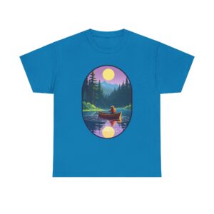 Fishing t-shirts featuring a scenic boat design for anglers